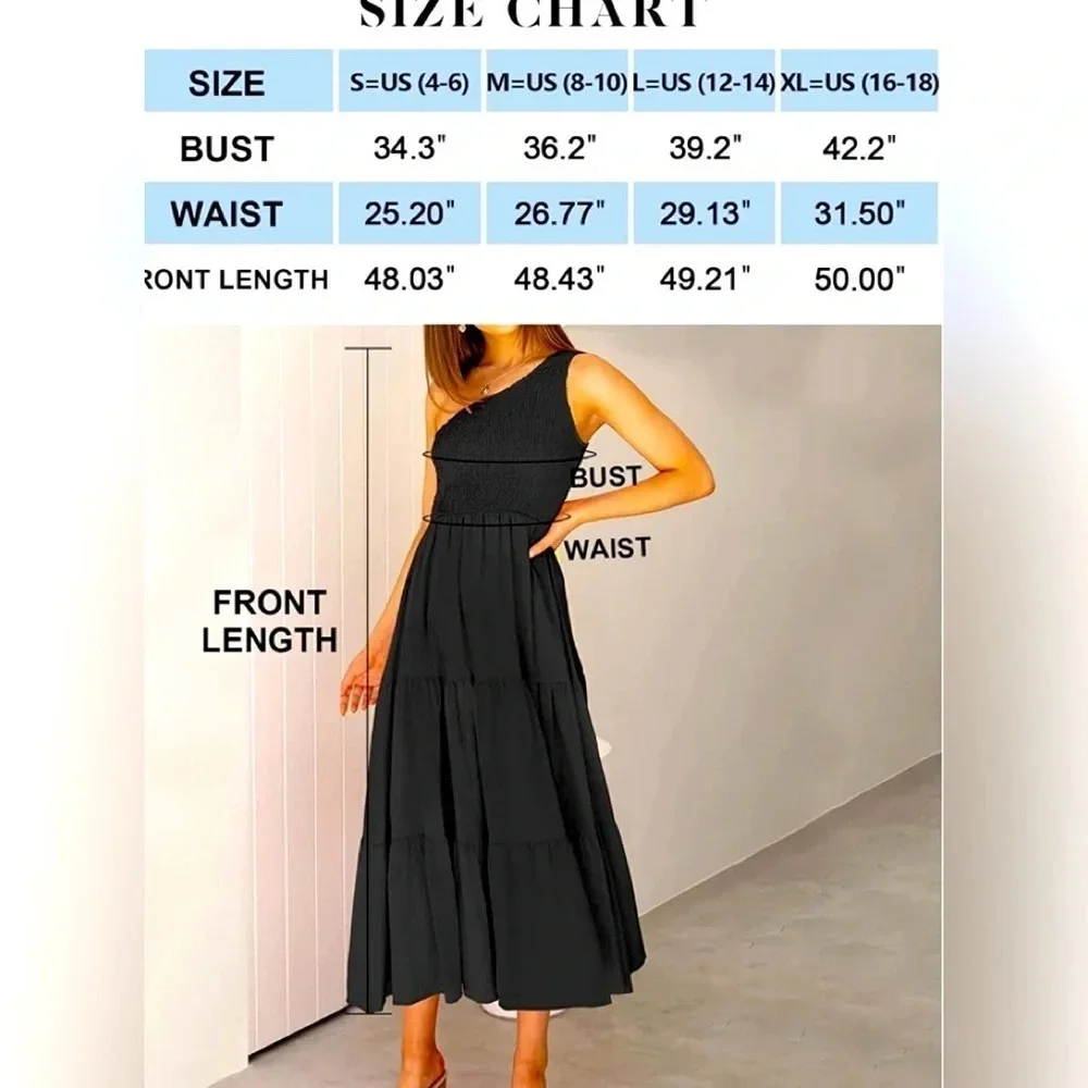 Women's Bohemian One Shoulder Sleeveless Smocked Ruffle Tiered Beach Midi Dress